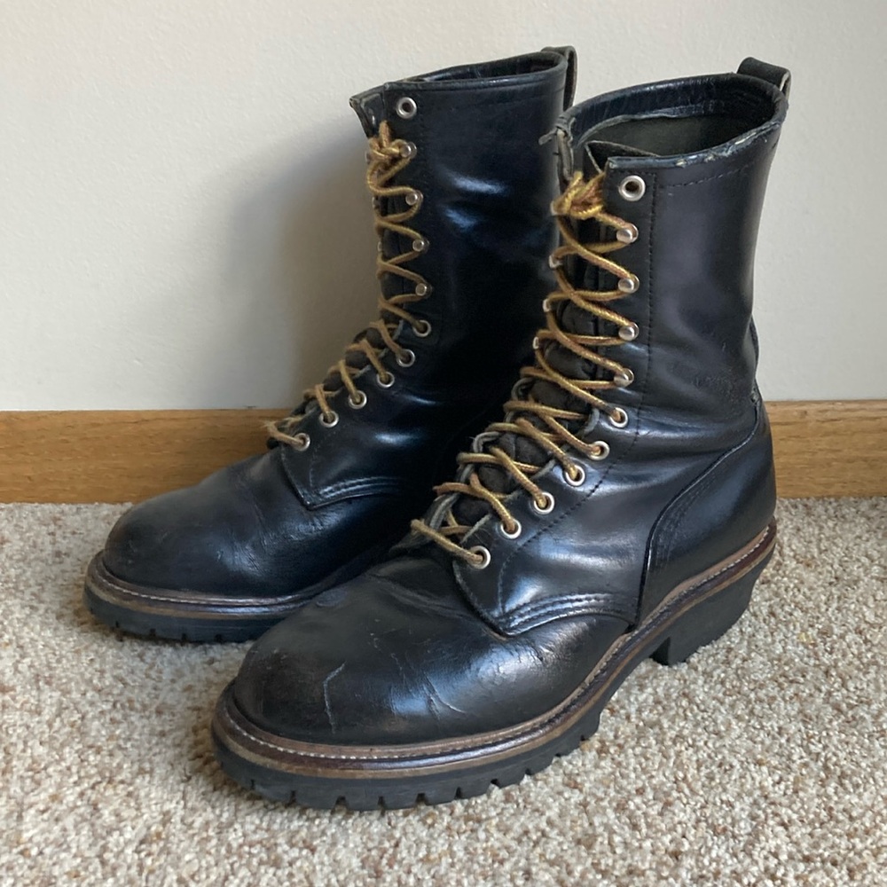 VTG Red Wing Shoes 699 Blk Leather Logger Work Boots Made in USA Vibram Soles 10